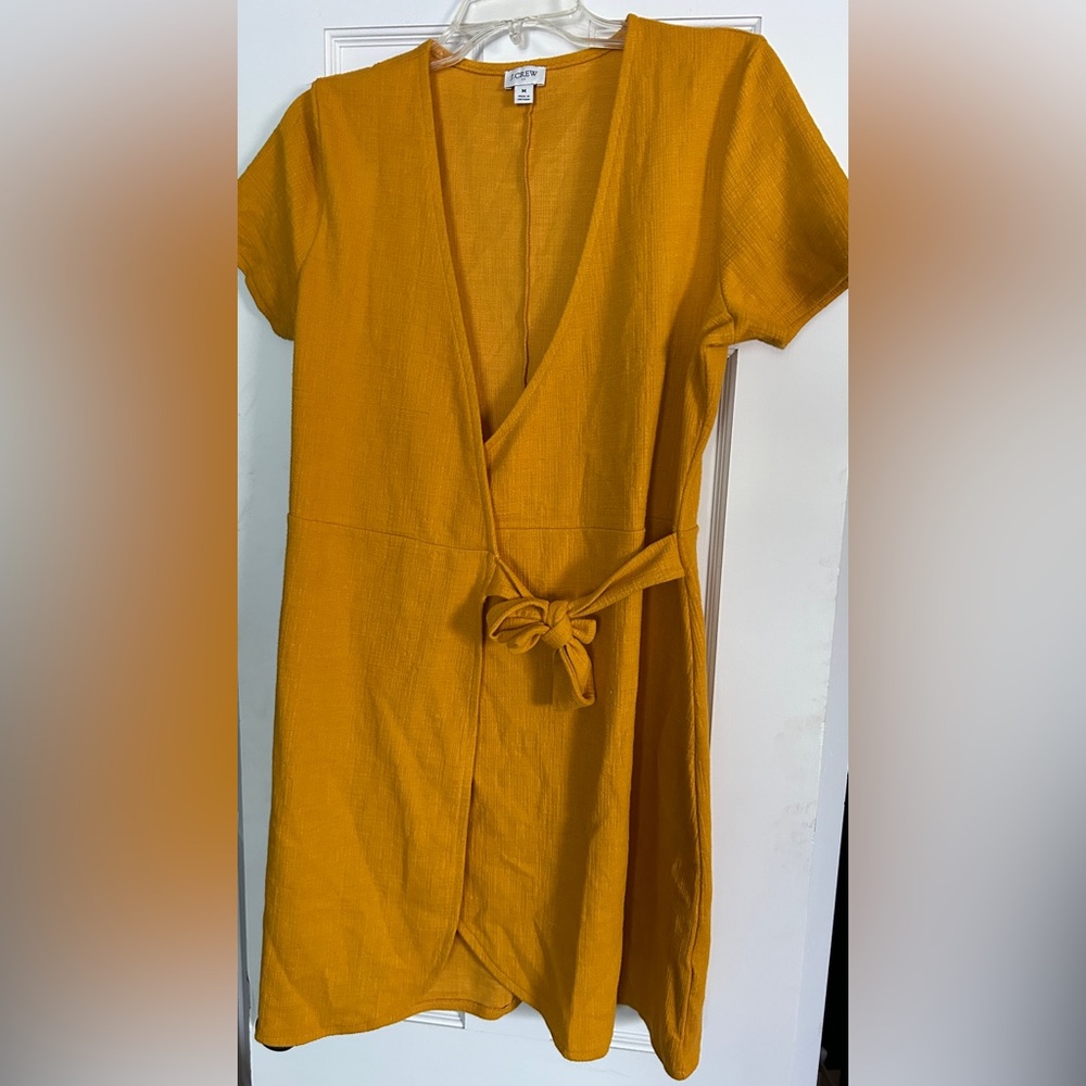 J. Crew Yellow Wrap Midi Dress with Tie Front and V-Neck